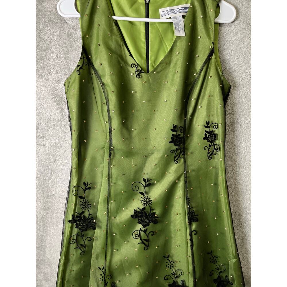 Vintage Y2k Green Dress Black Floral Overlay Beaded 90s Grunge Whimsy Fairy - Picture 2 of 5